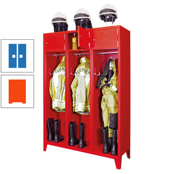 Feuerwehrschrank - 2 Abteile - Ablagefach mit Tür, Etikettenrahmen - 2.100 x 830 x 500 mm (HxBxT) - reinorange/himmelblau RAL 5015 Himmelblau | RAL 2004 Reinorange