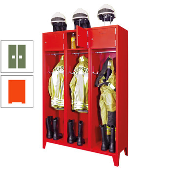 Feuerwehrschrank - 2 Abteile - Ablagefach mit Tür, Etikettenrahmen - 2.100 x 830 x 500 mm (HxBxT) - reinorange/resedagrün RAL 6011 Resedagrün | RAL 2004 Reinorange