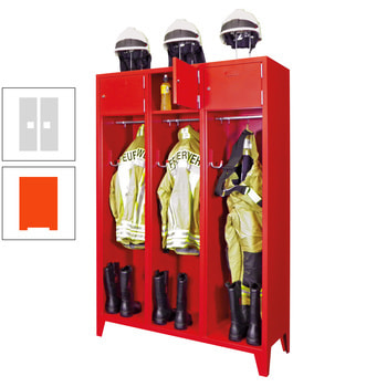 Feuerwehrschrank - 2 Abteile - Ablagefach mit Tür, Etikettenrahmen - 2.100 x 830 x 500 mm (HxBxT) - reinorange/lichtgrau RAL 7035 Lichtgrau | RAL 2004 Reinorange