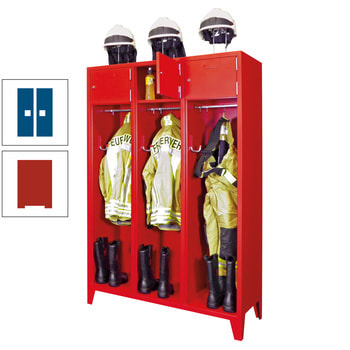 Feuerwehrschrank - 2 Abteile - Ablagefach mit Tür, Etikettenrahmen - 2.100 x 830 x 500 mm (HxBxT) - feuerrot/enzianblau RAL 5010 Enzianblau | RAL 3000 Feuerrot