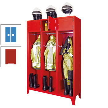 Feuerwehrschrank - 2 Abteile - Ablagefach mit Tür, Etikettenrahmen - 2.100 x 830 x 500 mm (HxBxT) - feuerrot/lichtblau RAL 5012 Lichtblau | RAL 3000 Feuerrot