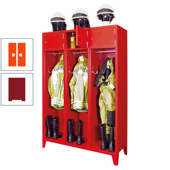 Feuerwehrschrank - 2 Abteile - Ablagefach mit Tür, Etikettenrahmen - 2.100 x 830 x 500 mm (HxBxT) - rubinrot/reinorange RAL 2004 Reinorange | RAL 3003 Rubinrot