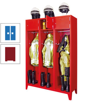 Feuerwehrschrank - 2 Abteile - Ablagefach mit Tür, Etikettenrahmen - 2.100 x 830 x 500 mm (HxBxT) - rubinrot/himmelblau RAL 5015 Himmelblau | RAL 3003 Rubinrot