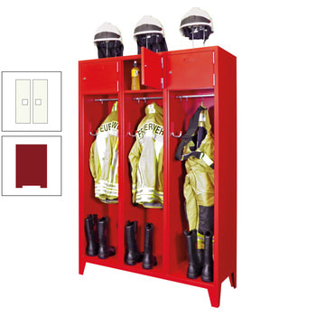 Feuerwehrschrank - 2 Abteile - Ablagefach mit Tür, Etikettenrahmen - 2.100 x 830 x 500 mm (HxBxT) - rubinrot/reinweiß RAL 9010 Reinweiß | RAL 3003 Rubinrot