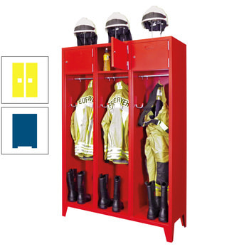 Feuerwehrschrank - 2 Abteile - Ablagefach mit Tür, Etikettenrahmen - 2.100 x 830 x 500 mm (HxBxT) - enzianblau/zinkgelb RAL 1018 Zinkgelb | RAL 5010 Enzianblau