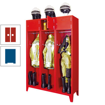 Feuerwehrschrank - 2 Abteile - Ablagefach mit Tür, Etikettenrahmen - 2.100 x 830 x 500 mm (HxBxT) - enzianblau/feuerrot RAL 3000 Feuerrot | RAL 5010 Enzianblau