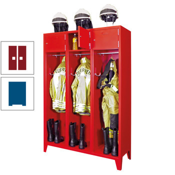 Feuerwehrschrank - 2 Abteile - Ablagefach mit Tür, Etikettenrahmen - 2.100 x 830 x 500 mm (HxBxT) - enzianblau/rubinrot RAL 3003 Rubinrot | RAL 5010 Enzianblau