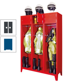 Feuerwehrschrank - 2 Abteile - Ablagefach mit Tür, Etikettenrahmen - 2.100 x 830 x 500 mm (HxBxT) - enzianblau/anthrazitgrau RAL 7016 Anthrazitgrau | RAL 5010 Enzianblau