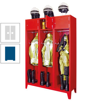 Feuerwehrschrank - 2 Abteile - Ablagefach mit Tür, Etikettenrahmen - 2.100 x 830 x 500 mm (HxBxT) - enzianblau/lichtgrau RAL 7035 Lichtgrau | RAL 5010 Enzianblau