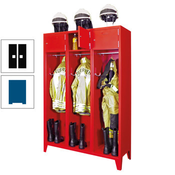 Feuerwehrschrank - 2 Abteile - Ablagefach mit Tür, Etikettenrahmen - 2.100 x 830 x 500 mm (HxBxT) - enzianblau/tiefschwarz RAL 9005 Tiefschwarz | RAL 5010 Enzianblau