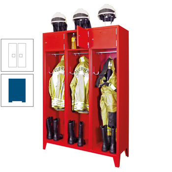 Feuerwehrschrank - 2 Abteile - Ablagefach mit Tür, Etikettenrahmen - 2.100 x 830 x 500 mm (HxBxT) - enzianblau/reinweiß RAL 9010 Reinweiß | RAL 5010 Enzianblau