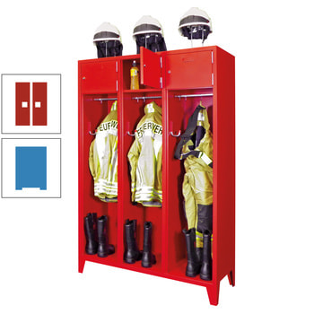 Feuerwehrschrank - 2 Abteile - Ablagefach mit Tür, Etikettenrahmen - 2.100 x 830 x 500 mm (HxBxT) - lichtblau/feuerrot RAL 3000 Feuerrot | RAL 5012 Lichtblau