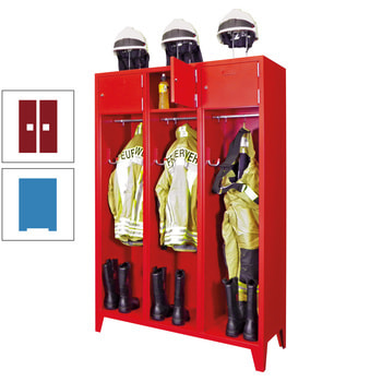 Feuerwehrschrank - 2 Abteile - Ablagefach mit Tür, Etikettenrahmen - 2.100 x 830 x 500 mm (HxBxT) - lichtblau/rubinrot RAL 3003 Rubinrot | RAL 5012 Lichtblau