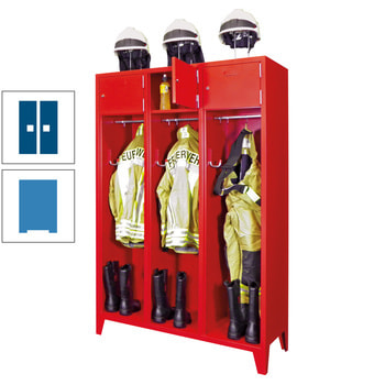 Feuerwehrschrank - 2 Abteile - Ablagefach mit Tür, Etikettenrahmen - 2.100 x 830 x 500 mm (HxBxT) - lichtblau/enzianblau RAL 5010 Enzianblau | RAL 5012 Lichtblau