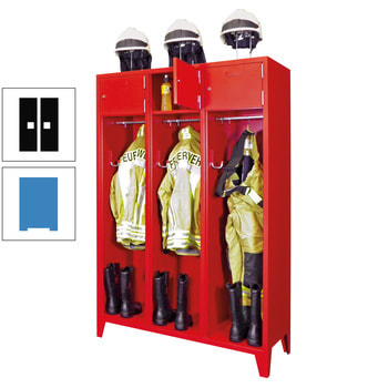 Feuerwehrschrank - 2 Abteile - Ablagefach mit Tür, Etikettenrahmen - 2.100 x 830 x 500 mm (HxBxT) - lichtblau/tiefschwarz RAL 9005 Tiefschwarz | RAL 5012 Lichtblau