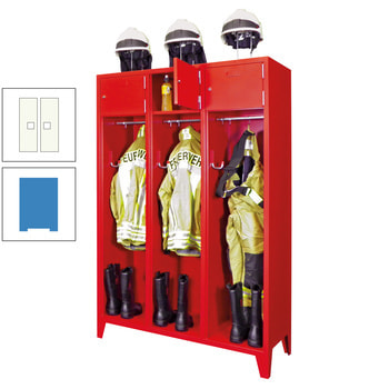 Feuerwehrschrank - 2 Abteile - Ablagefach mit Tür, Etikettenrahmen - 2.100 x 830 x 500 mm (HxBxT) - lichtblau/reinweiß RAL 9010 Reinweiß | RAL 5012 Lichtblau