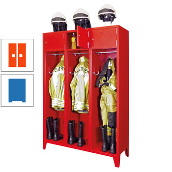 Feuerwehrschrank - 2 Abteile - Ablagefach mit Tür, Etikettenrahmen - 2.100 x 830 x 500 mm (HxBxT) - himmelblau/reinorange RAL 2004 Reinorange | RAL 5015 Himmelblau