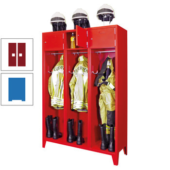 Feuerwehrschrank - 2 Abteile - Ablagefach mit Tür, Etikettenrahmen - 2.100 x 830 x 500 mm (HxBxT) - himmelblau/rubinrot RAL 3003 Rubinrot | RAL 5015 Himmelblau