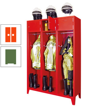 Feuerwehrschrank - 2 Abteile - Ablagefach mit Tür, Etikettenrahmen - 2.100 x 830 x 500 mm (HxBxT) - resedagrün/reinorange RAL 2004 Reinorange | RAL 6011 Resedagrün