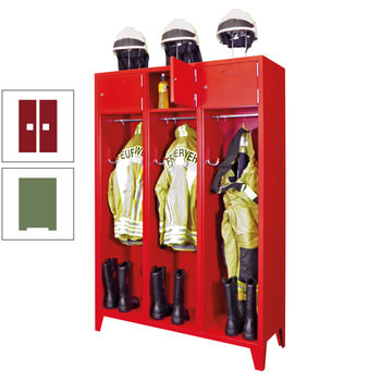 Feuerwehrschrank - 2 Abteile - Ablagefach mit Tür, Etikettenrahmen - 2.100 x 830 x 500 mm (HxBxT) - resedagrün/rubinrot RAL 3003 Rubinrot | RAL 6011 Resedagrün