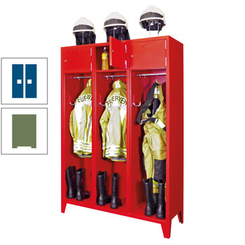 Feuerwehrschrank - 2 Abteile - Ablagefach mit Tür, Etikettenrahmen - 2.100 x 830 x 500 mm (HxBxT) - resedagrün/enzianblau RAL 5010 Enzianblau | RAL 6011 Resedagrün