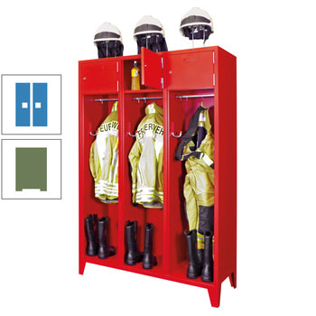 Feuerwehrschrank - 2 Abteile - Ablagefach mit Tür, Etikettenrahmen - 2.100 x 830 x 500 mm (HxBxT) - resedagrün/lichtblau RAL 5012 Lichtblau | RAL 6011 Resedagrün