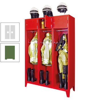 Feuerwehrschrank - 2 Abteile - Ablagefach mit Tür, Etikettenrahmen - 2.100 x 830 x 500 mm (HxBxT) - resedagrün/lichtgrau RAL 7035 Lichtgrau | RAL 6011 Resedagrün