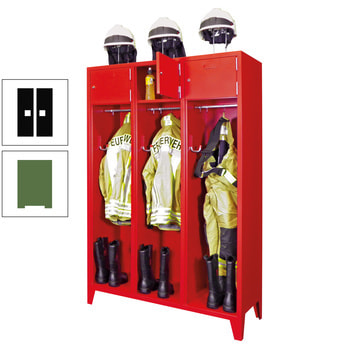 Feuerwehrschrank - 2 Abteile - Ablagefach mit Tür, Etikettenrahmen - 2.100 x 830 x 500 mm (HxBxT) - resedagrün/tiefschwarz RAL 9005 Tiefschwarz | RAL 6011 Resedagrün