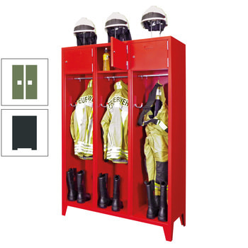 Feuerwehrschrank - 2 Abteile - Ablagefach mit Tür, Etikettenrahmen - 2.100 x 830 x 500 mm (HxBxT) - anthrazitgrau/resedagrün RAL 6011 Resedagrün | RAL 7016 Anthrazitgrau