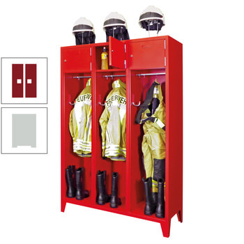 Feuerwehrschrank - 2 Abteile - Ablagefach mit Tür, Etikettenrahmen - 2.100 x 830 x 500 mm (HxBxT) - lichtgrau/rubinrot RAL 3003 Rubinrot | RAL 7035 Lichtgrau