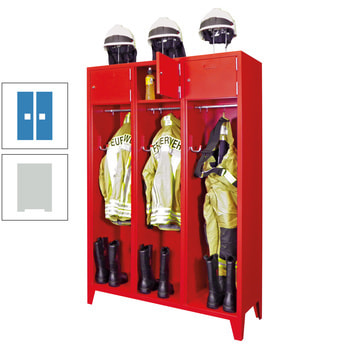 Feuerwehrschrank - 2 Abteile - Ablagefach mit Tür, Etikettenrahmen - 2.100 x 830 x 500 mm (HxBxT) - lichtgrau/lichtblau RAL 5012 Lichtblau | RAL 7035 Lichtgrau