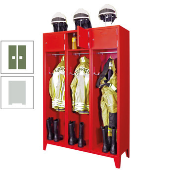 Feuerwehrschrank - 2 Abteile - Ablagefach mit Tür, Etikettenrahmen - 2.100 x 830 x 500 mm (HxBxT) - lichtgrau/resedagrün RAL 6011 Resedagrün | RAL 7035 Lichtgrau
