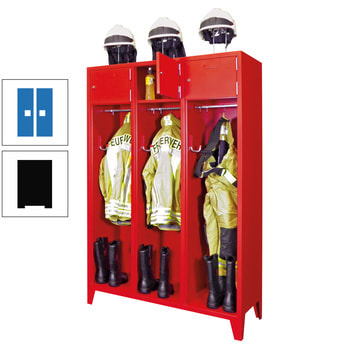 Feuerwehrschrank - 2 Abteile - Ablagefach mit Tür, Etikettenrahmen - 2.100 x 830 x 500 mm (HxBxT) - tiefschwarz/himmelblau RAL 5015 Himmelblau | RAL 9005 Tiefschwarz