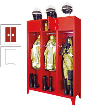 Feuerwehrschrank - 2 Abteile - Ablagefach mit Tür, Etikettenrahmen - 2.100 x 830 x 500 mm (HxBxT) - reinweiß/feuerrot RAL 3000 Feuerrot | RAL 9010 Reinweiß