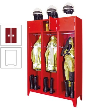 Feuerwehrschrank - 2 Abteile - Ablagefach mit Tür, Etikettenrahmen - 2.100 x 830 x 500 mm (HxBxT) - reinweiß/rubinrot RAL 3003 Rubinrot | RAL 9010 Reinweiß