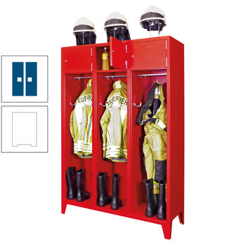 Feuerwehrschrank - 2 Abteile - Ablagefach mit Tür, Etikettenrahmen - 2.100 x 830 x 500 mm (HxBxT) - reinweiß/enzianblau RAL 5010 Enzianblau | RAL 9010 Reinweiß