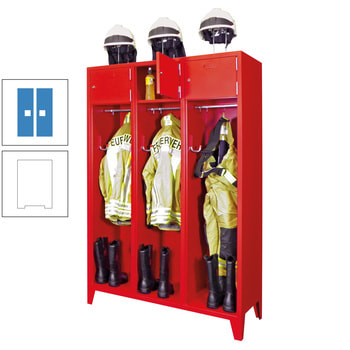 Feuerwehrschrank - 2 Abteile - Ablagefach mit Tür, Etikettenrahmen - 2.100 x 830 x 500 mm (HxBxT) - reinweiß/lichtblau RAL 5012 Lichtblau | RAL 9010 Reinweiß