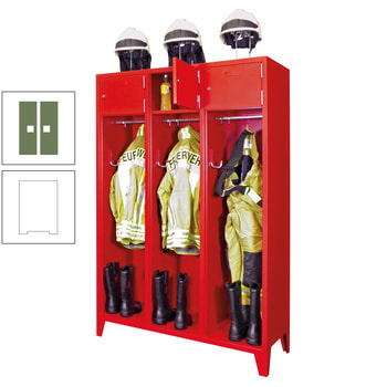 Feuerwehrschrank - 2 Abteile - Ablagefach mit Tür, Etikettenrahmen - 2.100 x 830 x 500 mm (HxBxT) - reinweiß/resedagrün RAL 6011 Resedagrün | RAL 9010 Reinweiß