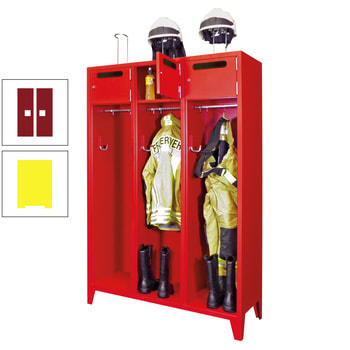 Feuerwehrschrank - 2 Abteile - Ablagefach mit Tür, Einwurfschlitz - 2.100 x 830 x 500 mm (HxBxT) - zinkgelb/rubinrot RAL 3003 Rubinrot | RAL 1018 Zinkgelb