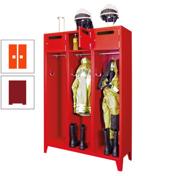 Feuerwehrschrank - 2 Abteile - Ablagefach mit Tür, Einwurfschlitz - 2.100 x 830 x 500 mm (HxBxT) - rubinrot/reinorange RAL 2004 Reinorange | RAL 3003 Rubinrot