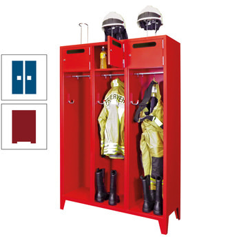 Feuerwehrschrank - 2 Abteile - Ablagefach mit Tür, Einwurfschlitz - 2.100 x 830 x 500 mm (HxBxT) - rubinrot/enzianblau RAL 5010 Enzianblau | RAL 3003 Rubinrot
