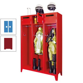 Feuerwehrschrank - 2 Abteile - Ablagefach mit Tür, Einwurfschlitz - 2.100 x 830 x 500 mm (HxBxT) - rubinrot/lichtblau RAL 5012 Lichtblau | RAL 3003 Rubinrot