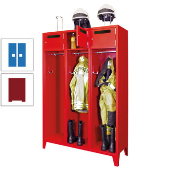 Feuerwehrschrank - 2 Abteile - Ablagefach mit Tür, Einwurfschlitz - 2.100 x 830 x 500 mm (HxBxT) - rubinrot/himmelblau RAL 5015 Himmelblau | RAL 3003 Rubinrot