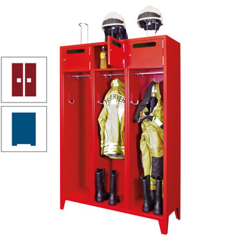 Feuerwehrschrank - 2 Abteile - Ablagefach mit Tür, Einwurfschlitz - 2.100 x 830 x 500 mm (HxBxT) - enzianblau/rubinrot RAL 3003 Rubinrot | RAL 5010 Enzianblau