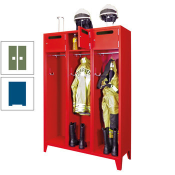 Feuerwehrschrank - 2 Abteile - Ablagefach mit Tür, Einwurfschlitz - 2.100 x 830 x 500 mm (HxBxT) - enzianblau/resedagrün RAL 6011 Resedagrün | RAL 5010 Enzianblau