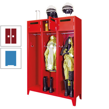 Feuerwehrschrank - 2 Abteile - Ablagefach mit Tür, Einwurfschlitz - 2.100 x 830 x 500 mm (HxBxT) - lichtblau/rubinrot RAL 3003 Rubinrot | RAL 5012 Lichtblau