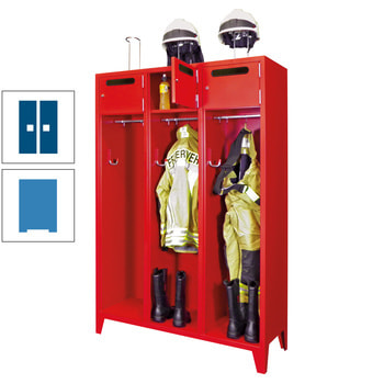Feuerwehrschrank - 2 Abteile - Ablagefach mit Tür, Einwurfschlitz - 2.100 x 830 x 500 mm (HxBxT) - lichtblau/enzianblau RAL 5010 Enzianblau | RAL 5012 Lichtblau