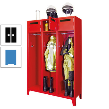 Feuerwehrschrank - 2 Abteile - Ablagefach mit Tür, Einwurfschlitz - 2.100 x 830 x 500 mm (HxBxT) - lichtblau/tiefschwarz RAL 9005 Tiefschwarz | RAL 5012 Lichtblau