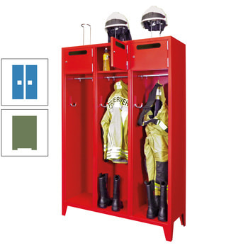 Feuerwehrschrank - 2 Abteile - Ablagefach mit Tür, Einwurfschlitz - 2.100 x 830 x 500 mm (HxBxT) - resedagrün/lichtblau RAL 5012 Lichtblau | RAL 6011 Resedagrün