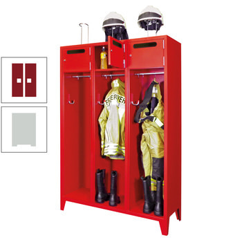 Feuerwehrschrank - 2 Abteile - Ablagefach mit Tür, Einwurfschlitz - 2.100 x 830 x 500 mm (HxBxT) - lichtgrau/rubinrot RAL 3003 Rubinrot | RAL 7035 Lichtgrau